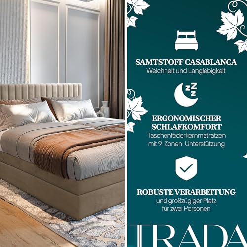 TRADA Boxspringbett ADÈLE 140 x 200 cm – elektrische Bett mit Matratze + Tooper und Bettkasten - Stoffbezug Veloursstoff - Hellgrau - 140 x 200 cm – Bild 7