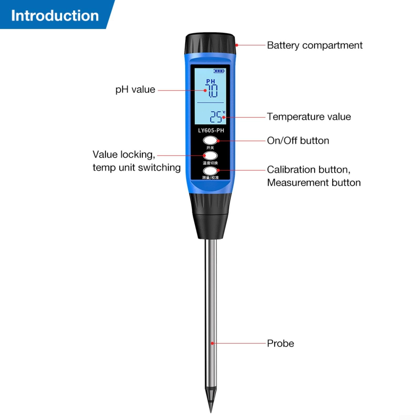Probador digital de suelo para pH y humedad, medidor de pantalla LCD de alta precisión para monitoreo de suelos agrícolas y de jardín, negro y azul (610)