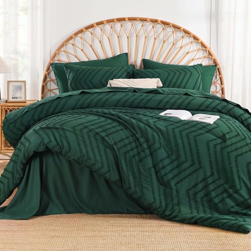 Image of Andency Emerald Dark Green Queen Comforter Set, Boho Tufted Bed in a Bag 7 Pieces Bedding Set, Fluffy Soft Bed Set with 1 Comforter, 1 Flat Sheet, 1 Fitted Sheet, 2 Pillow Shams, 2 Pillowcases