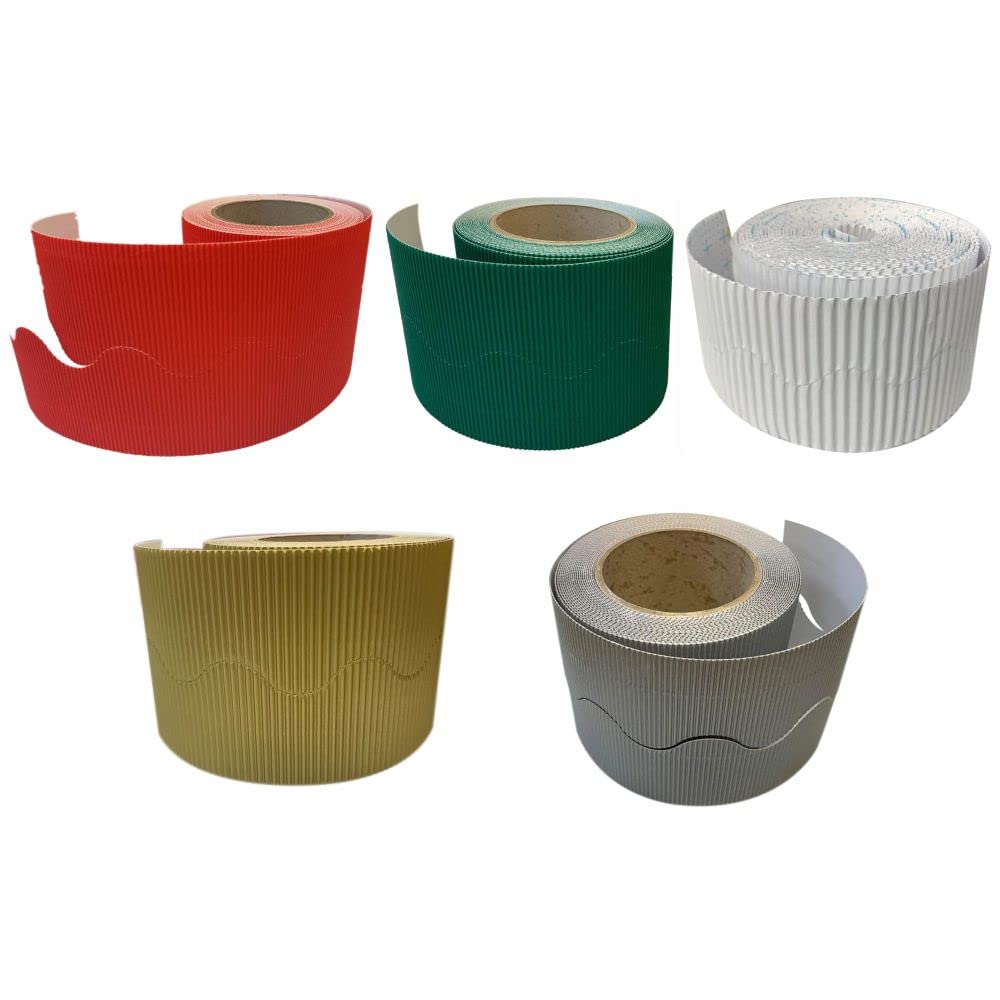 3 Ace Crafts (Pack of 5) Corrugated Display Border Roll (Scarlet, Emerald, White, Gold, Silver)- (57mm x 15m)- Office/School, Class Decoration, Crown Making, Scalloped Roll, Fade Resistant