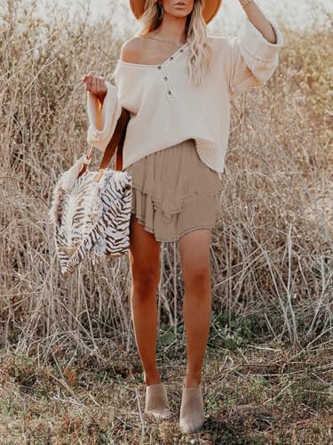 Image of Aoudery Flowy Shorts for Women Casual Boho Ruffle Tiered Skorts High Waist Mini Skirts Golf Tennis Crochet Shorts