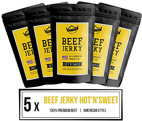 Craftsman Beef Jerky HOT & SWEET 250g (5 x 50g) | Trockenfleisch aus Deutschland - Bayern | American Jerky Beef Set | 100% Rindfleisch | Hot’n‘Sweet | Premium Beef | Meat Snack MADE IN GERMANY Cover