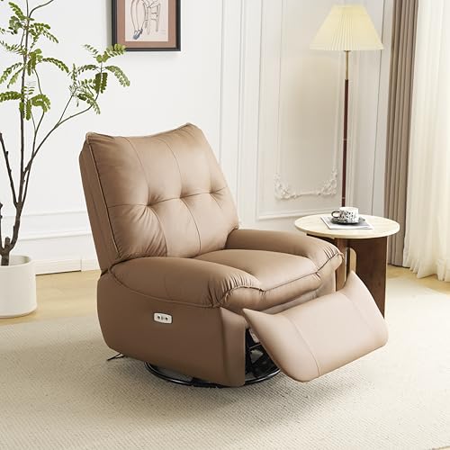 電動リクライニングソファ オットマン一体型 270度回転可能 USB充電口搭載 快適揺れ機能 ブラウン サイズ89x89x102cm PUレザー製 1人用 リビングチェア