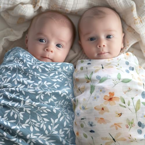 Image of LifeTree Baby Swaddle Blankets, Boys Girls Muslin Swaddling Wrap Receiving Blanket for Newborn, 70% Viscose from Bamboo and 30% Cotton, Large 47 inch x 47 inch, Blue Floral and Leaf