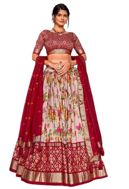 Women Floral Patola Tussar Silk Lehenga Choli, Traditional Indian Ethnic Wear with Printed Skirt and Embroidered Blouse.