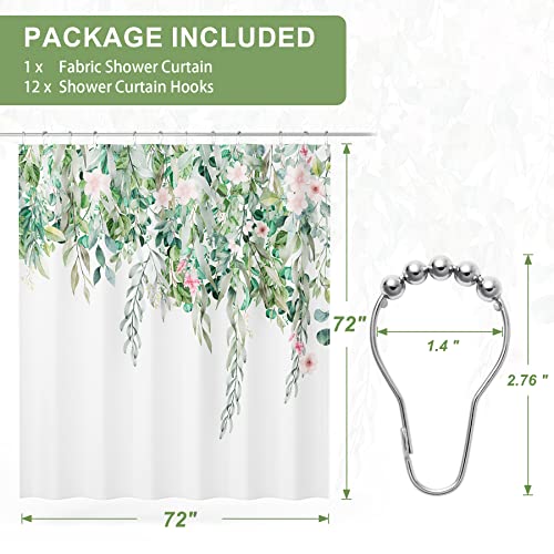 Amazerbath Shower Curtain, Green Leaves Fabric Shower Curtain Set With 12 Shower Curtain Hooks, Rustic Floral Plant Farmhouse Shower Curtain, Washable Fall Cloth Bathroom Shower Curtain, 72X72 Inches #TOP3