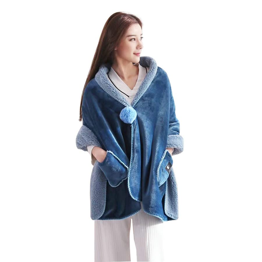 MOBUKJUU Wearable Blanket Winter Warm Cloak Cape Shawl Blanket Flannel Blanket Plush Shawl Travel Thicken Bedroom Blanket (Dark Blue)