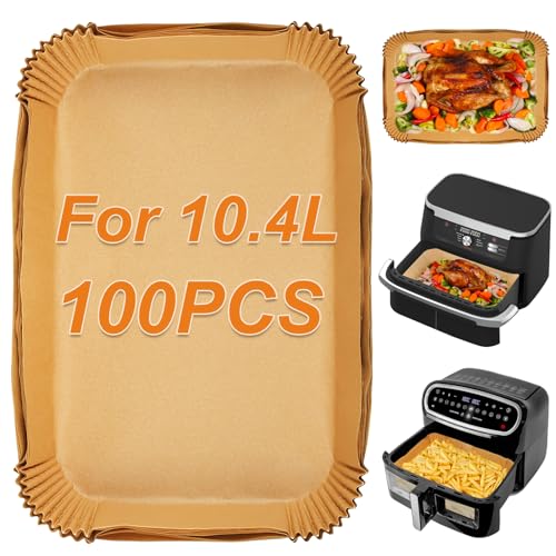 Image of BYKITCHEN Airfryer Baking Paper for Ninja Foodi Flex Drawer Dual Zone 10.4 L Hot Air Fryer, 100 Pieces Accessories for Ninja AF500EU, Air Fryer Accessories for Cecotec Dual 9000 9L (Pack of 100)