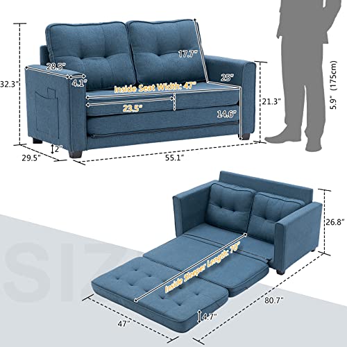 Vingli Loveseat Sleeper, 47" W 80" L Convertible Sofa Bed Couch Futon Couches For Living Room, Twin Folding Couch Bed For Small Spaces, Foldable Couch Floor Gaming Sofa Bed For Basement, Navy Blue #TOP1