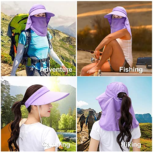 Image of Women Wide Brim Face Mask Sun Hat Detachable Neck Face Flap Ponytail UV Protection Visor Hat Garden Fishing Hiking