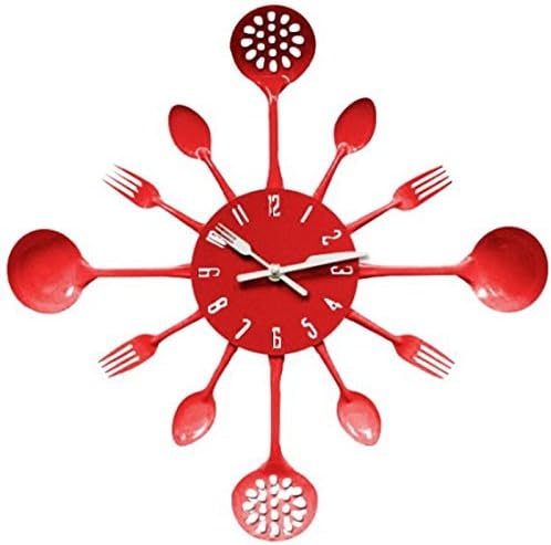 Yuanxin Store Cutlery Kitchen Metal Utensil Wall Clock Spoon Fork Ladel Clock/Decorative Clock, Colorful (Red)