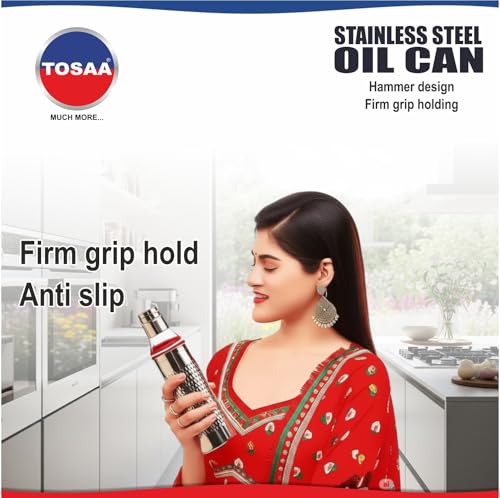 Image of Tosaa Stainless Steel Mathar Oil Can Bottle| With Nozzle, Dropper & Steel Cap | Cooking Oil Container for Kitchen | Leak Proof Oil Pourer & Pot with Handle |1100ml