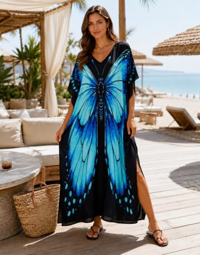 Image of sunforyou Kaftan Dresses for Women Plus Size Lightweight Swimsuit Cover up Batwing Sleeve Print Loungewear Beach Robe