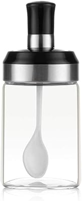 BOILING POINT Sauce Jar Sugar Container Glass Jar Combination Spoon with Lid Canisters Storing Seasoning Spices Salt Sugar for Kitchen Counter Food Storage with Decorative Sticker 9.7oz / 280ml