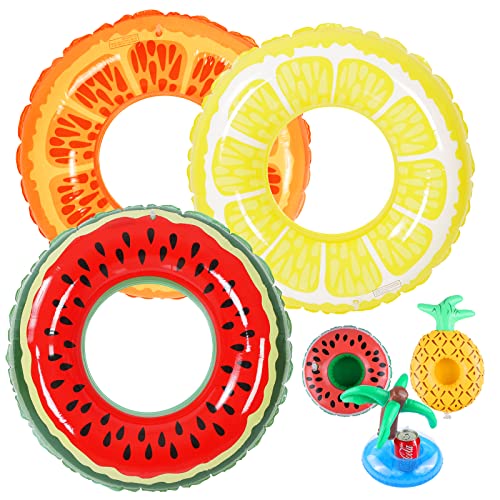 Tounature 3 Pieces Inflatable Fruit Pool Floats Watermelon Orange Lemon Swimming Rings And 3 Pieces Inflatable Drink Holder Cup Coasters Inflatable Tube Floaties Pool Tube, Summer Party Supplies #TOP18