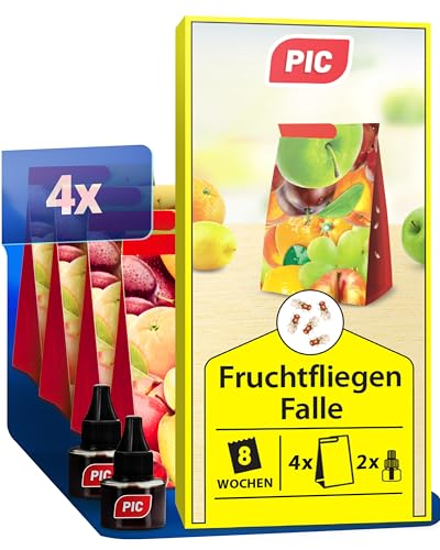 PIC Fruchtfliegenfalle für Küche– 4X Fliegenfalle + 2X Lockstoff auf Essig-Basis – Effektive Obstfliegenfalle küche gegen fruchtfliegen – dezentes...