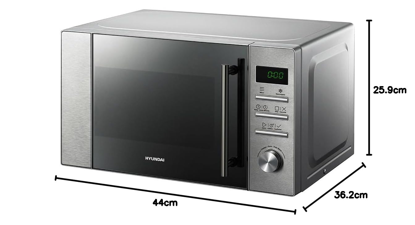 Hyundai Microondas 20 Litros Básico Inox HMW2700DX. 700W, 8 Programas, Modo Descongelación, Revestimiento Interior, Fácil Limpieza, Temporizador 95min.