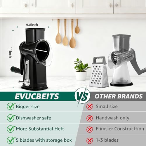 Rotary Cheese Grater Hand Crank - Cheese Shredder with 5 Blades & Strong Suction Base, Mandoline Slicer Vegetable Chopper, Kitchen Gadgets with Storage Box, Black - Image 3