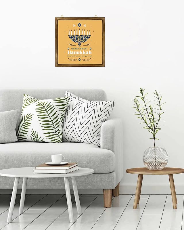 Bidesign (16x16) IN Happy Hanukkah Wooden Square Sign Table Sign Hanging hanukah Party Wall Decor, Jewish Judaism Home Decor for Hanukkah Menorah Christmas Decoration Gift