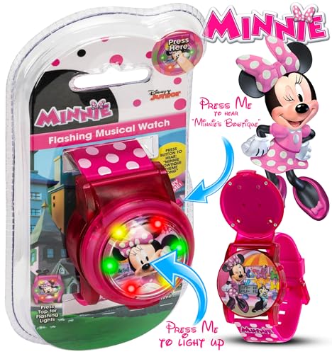 disney minnie mouse kids flashing musical watch with sound effects colorful led lights interactive flip cover easy digital time display adjustable pink polka dot strap fits wrists 5534 to 834