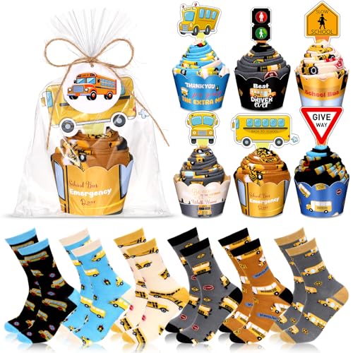 Foaincore 6 Pairs School Bus Driver Socks Gifts for Men Women with Cupcake Toppers and Wrappers, Novelty Socks Driver Appreciation Gifts