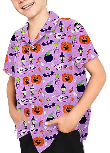Image of Remimi Unisex Kids Halloween Shirt Boys Pumpkin Ghost Shirts Hawaii Button Up Tops 5-14 Years