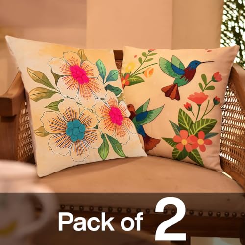 Image of picknMAKE Pack of 2 DIY Cushion Cover Hand Embroidery Kit for Beginners & Adults - Botanical Harmony Set | 16 inchx16 inch Cross-Stitch Pillow Covers with Digitally Printed Designs | All Materials Inside