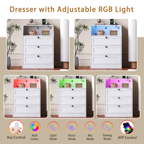 Image of Wodeer White Dresser 3 Drawer Nightstand, Wood Night Stand with LED Lights, Charging Station, Metal Handles, Modern Storage Cabinet and Organizer Drawers for Living Room, Hallway
