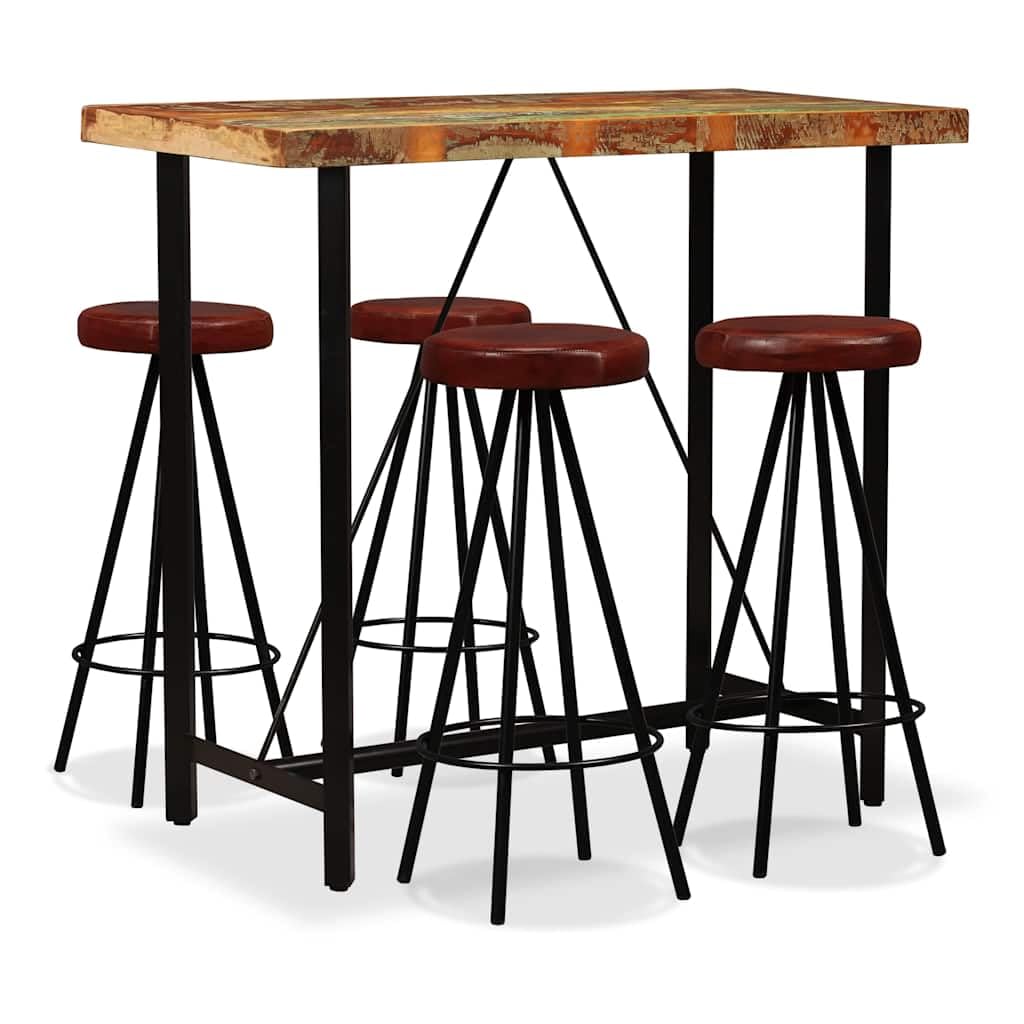 Juego de 5 barras de madera maciza con taburete de bar de piel auténtica y estructura de acero, 120 x 60 x 107 cm, mesa alta, aspecto industrial, muebles para comedor, terraza, balcón, comedor