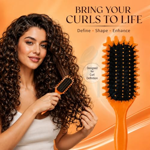 Image of Curly Hair Brush - Curl Defining & Detangling Brush for Women & Men - Boar Bristle Styling Brush for Shaping, Combing & Enhancing Natural Curls - Suitable for All Hair Types (Orange)