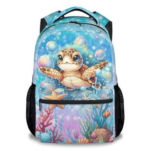 MEETUHONEY Sea Turtle Backpacks for Girls - 17 Inch Kids Elementary School Backpacks - Cute Lightweight Students Bookbag with Adjustable Strap Gifts