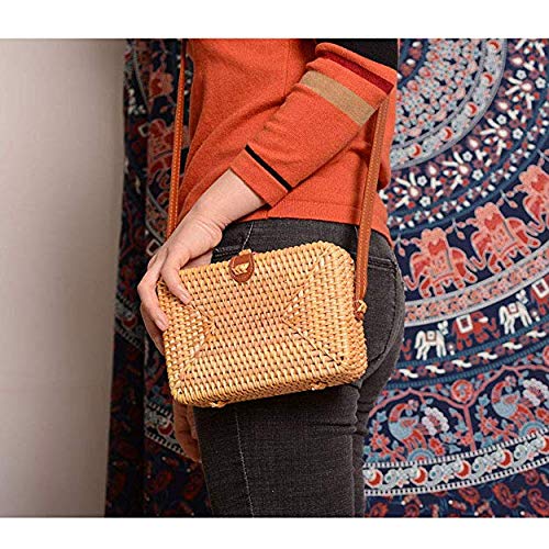 XMeng Rattan Bags for Women, Straw Round Bali Ata Handbags Woven Circle Crossbody Wicker Purse Adjustable Strap Boho Bag (Square) - Image 6