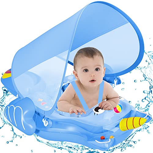 Danxilu Baby Pool Float, Inflatable Portable Baby Float With Removable Canopy Upf 50+, Add Tail No Flip, Infant Swim Pool Floatie Safer Swimming For Toddler 6-12 Months Newborn (Blue-Unicorn) #TOP10