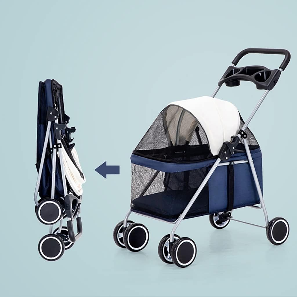 Pet Stroller Simple One-Hand Folding 4-Wheel for Cat/Dog Reversible Direction Universal Wheel Seat Belt with Link Brake (Black)