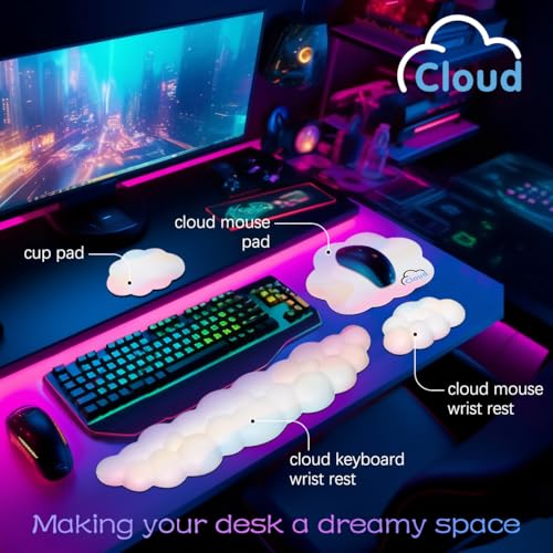 Image of Cloud Wrist Rest Keyboard Palm Rest with Non-Slip Base for Computer Gaming Wrist Rest, YAMJUG Cloud Arm Rest Keyboard Wrist Pad Rainbow | Full 4-Piece Set, Non-Slip PU Base, Soft Memory Foam Comfort For Long Work /Gaming Hours, Cute Desk Decor, Easy To Clean
