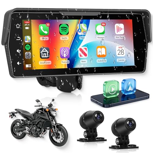 Image of 6.86 Inch Motorcycle Carplay GPS Navigation System, Android Auto Portable CarPlay Screen for Motorcycle, 【Dual Camera Video Recording】, Dual Bluetooth Car Play Moto, Si-ri, Goo-gle Assistant, EQ