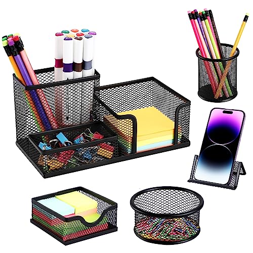Mesh-Pen-Holder-for-Desk-Pencil-Holders-5-Pieces-Desk-Organizer-Office-Supplies-Caddy-with-Sticky-Notes-Holder-for-Office-School-Home-Black