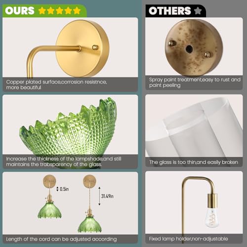 Image of Battery Operated Wall Sconce Set of 2, Rechargeable Battery-Powered Wall Light with Green Glass Lampshade,Wireless Indoor Wall Lamp with Remote Control for Living Room Bedroom