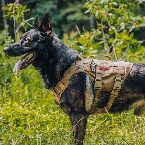 OneTigris Hundegeschirr Mittelgroße Hunde, AIRE MESH Taktisches Anti Zug Geschirr mit 2 Griff Verstellbar Brustgeschirr No Pull Dog Harness Atmungsaktiv Braun M