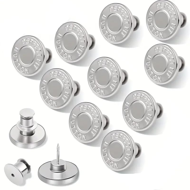 Set de10 botones retráctiles de metal para pantalones vaqueros, repuesto ajustable de 17 mm, ideal para jeans, faldas y chaquetas, dos colores cobre y plateado, instalación rápida - Plateado