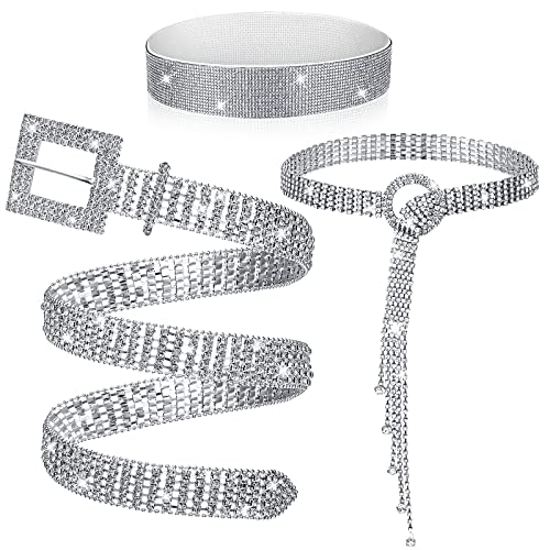 Jeyiour 3 Pcs Women Rhinestone Belt Diamond Elastic Waist Glitter Belt Shiny Crystal Silver Chain Bling Waistband Square Ring Wide Waist Band for Christmas Women Ladies Jeans Dress