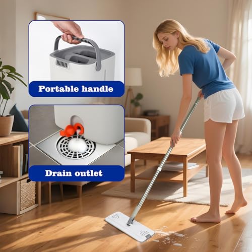 Wischmopp Set Mit Eimer, 2-in-1 Putzeimer Mit Wischmop, Mop Set mit 5 waschbaren Mikrofaser Pads und verstellbarem Edelstahlgriff, Putzeimer Mit Wischmop geeignet für Holzböden, Fliesenreinigung, weiß – Bild 5