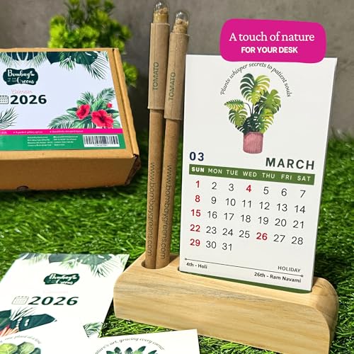Image of 2026 Eco-Friendly Desk Calendar with Wooden Stand & Plantable Seed Pens and Diary - Sustainable 2026 Calendar Planner for Home & Office - Zero Waste New Year Gift & Grow Your Own Plant Kit by Bombay Greens