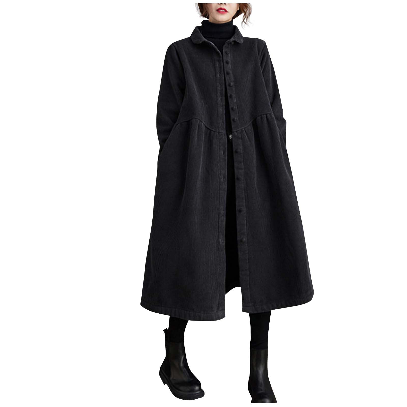 Chaqueta larga de pana para mujer, gabardina de forro polar, cálida y resistente al viento, camisa de vestir con vuelo, ropa de abrigo vintage, elegante abrigo casual suelto con bolsillos, abrigo de