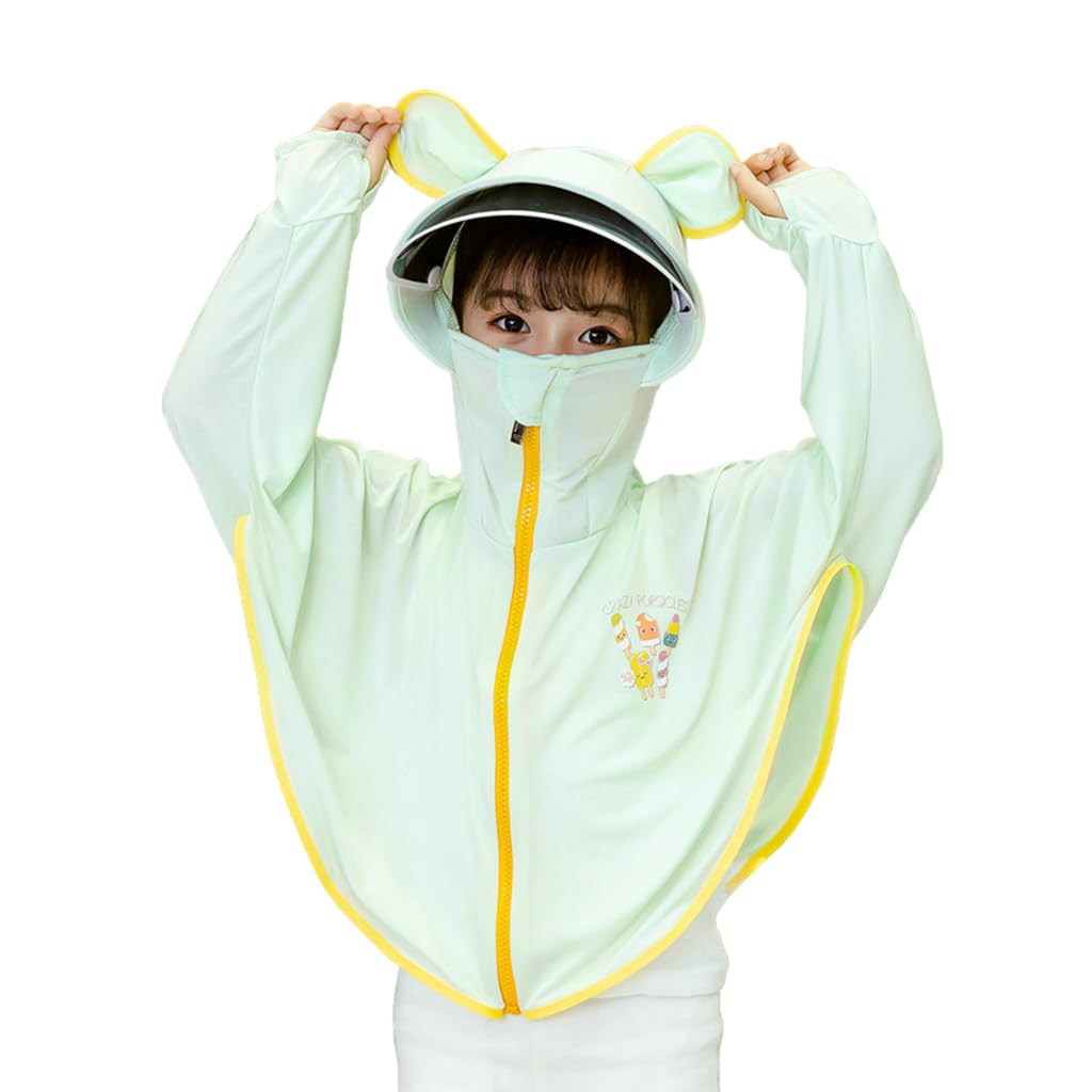 Sun Protection Jacket For Girls, UPF 50+ Sunscreen Jacket For Kids Cute Cartoon Summer Uv Sun Protection Hoodie Jacket Clothes For Girls Kids With Wide brim For 120-140cm Girl, Green