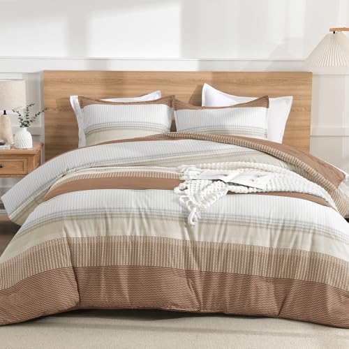 Litanika Beige California King Comforter Set, 3 Pieces Cal King Lightweight Taupe Khaki White Colorblock Stripe Bedding Comforter Sets, Fluffy Bed Set