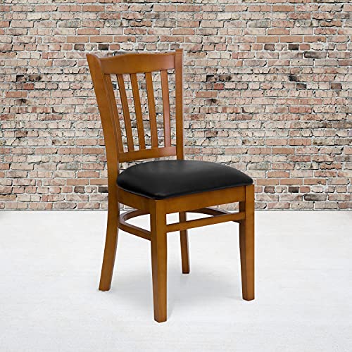 Image of Flash Furniture 4 Pk. HERCULES Series Vertical Slat Back Cherry Wood Restaurant Chair - Black Vinyl Seat | Vertical Slat Back, Wood FrameVinyl Upholstery, Durable Construction, Commercial Use