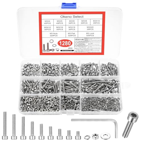 Okeno Select 1280 Pcs M3 Screw Assortment Kit Hex Socket Cap Head Machine Screws with Nuts & Washers Stainless Steel Threaded Bolts Set for DIY Furniture Mechanical Repair