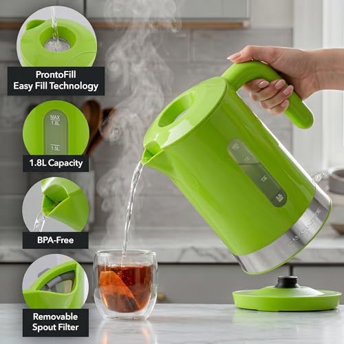 Image of OVENTE 1.8L Electric Kettle, BPA-Free with Easy-Fill Lid, Green KP413G | 1500W Fast Boiling Water Heater, Auto Shut-Off, Boil-Dry Protection, 360 Swivel Base, Clear-View Window, Removable Filter