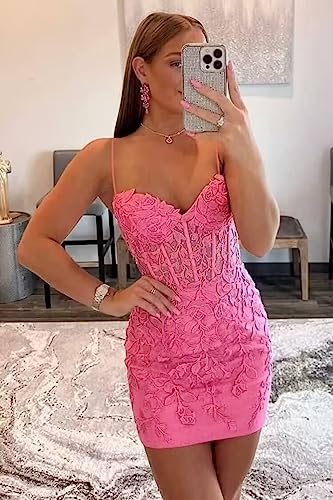 Short Homecoming Dresses for Teens Lace Applique Spaghetti Straps Corset Cocktail Dress2